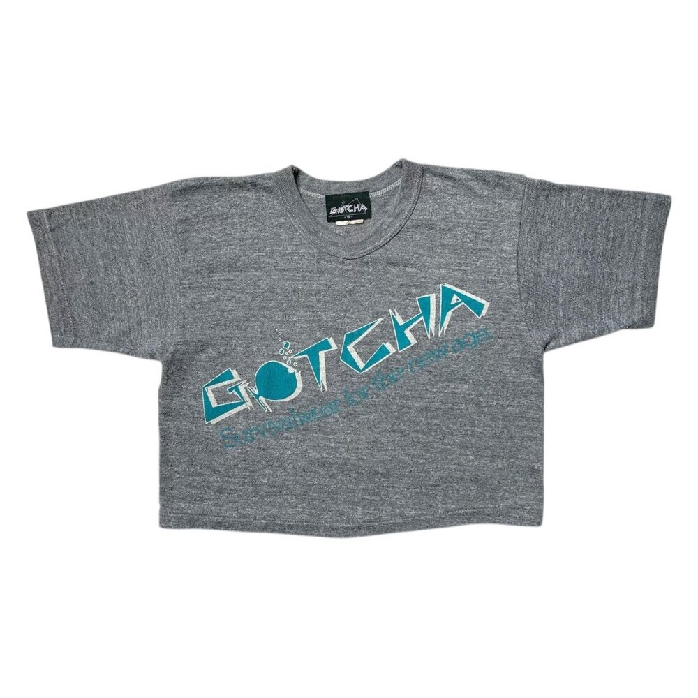 90s Vintage Gotcha Crop Top T-shirt Single Stitch Grainy Grey Surfwear.